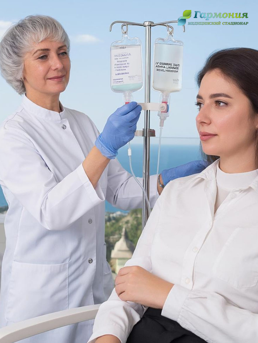 Врач и пациент с капельницей на фоне берега Новополоцка