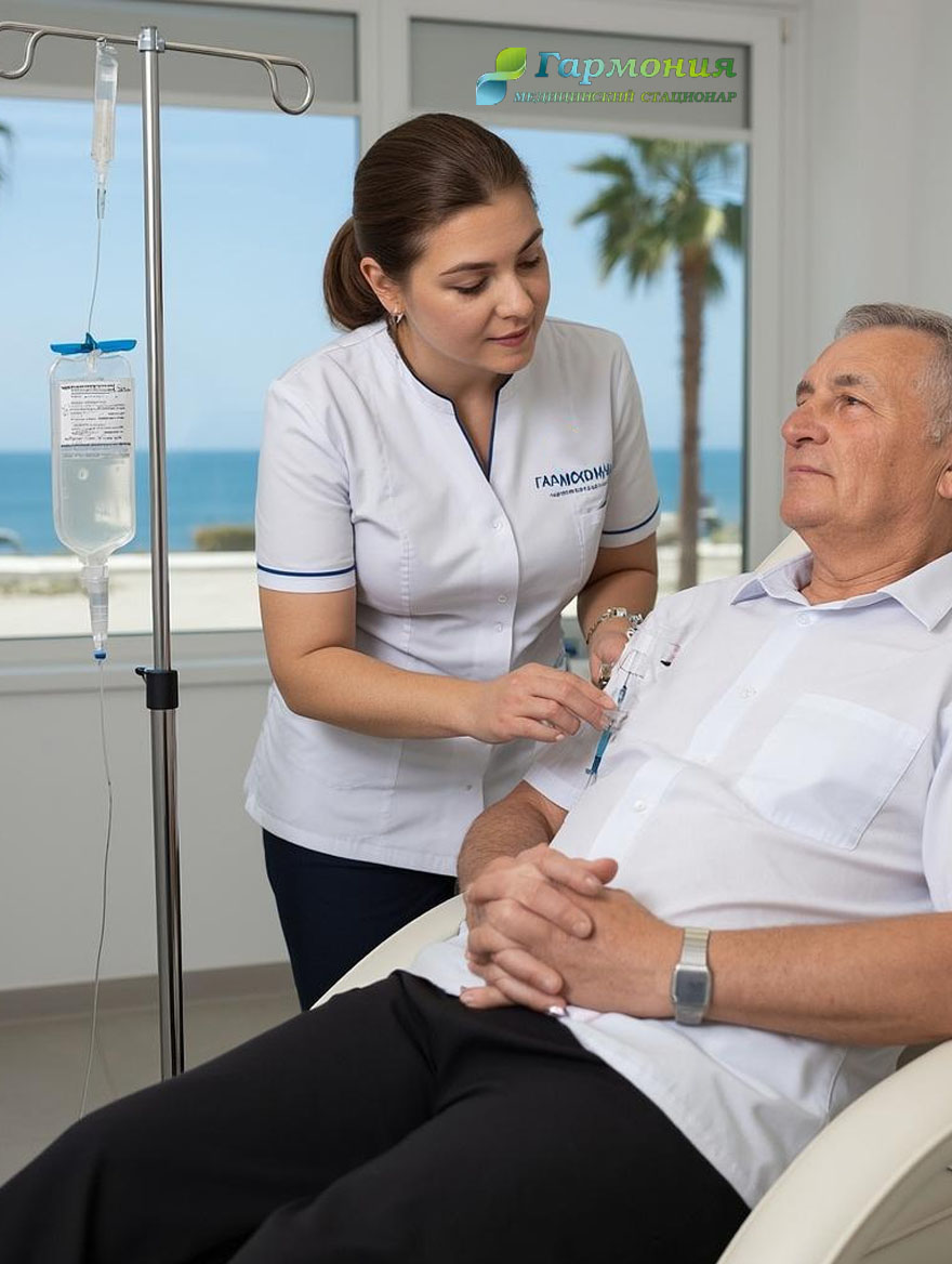 Врач и пациент с капельницей на фоне берега Новополоцка