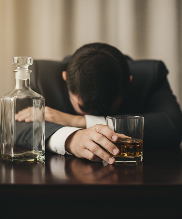 Мужчина сидит за столом ссо стааном алкоголя