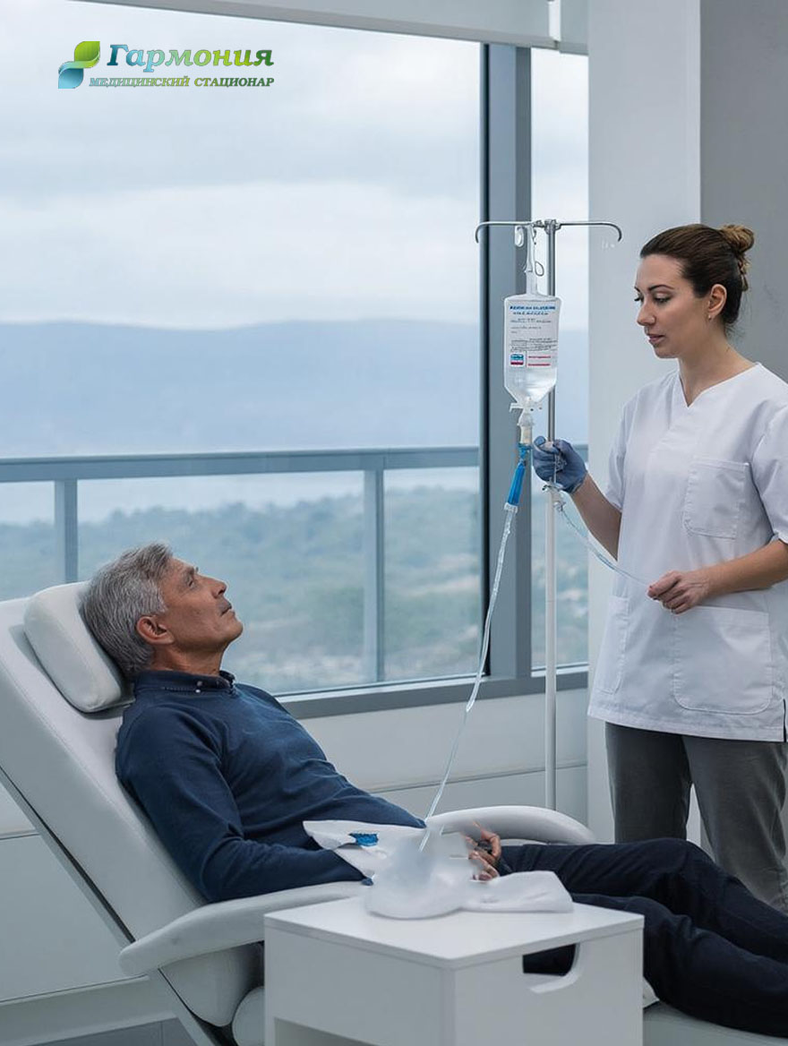 Врач и пациент с капельницей на фоне берега Новополоцка